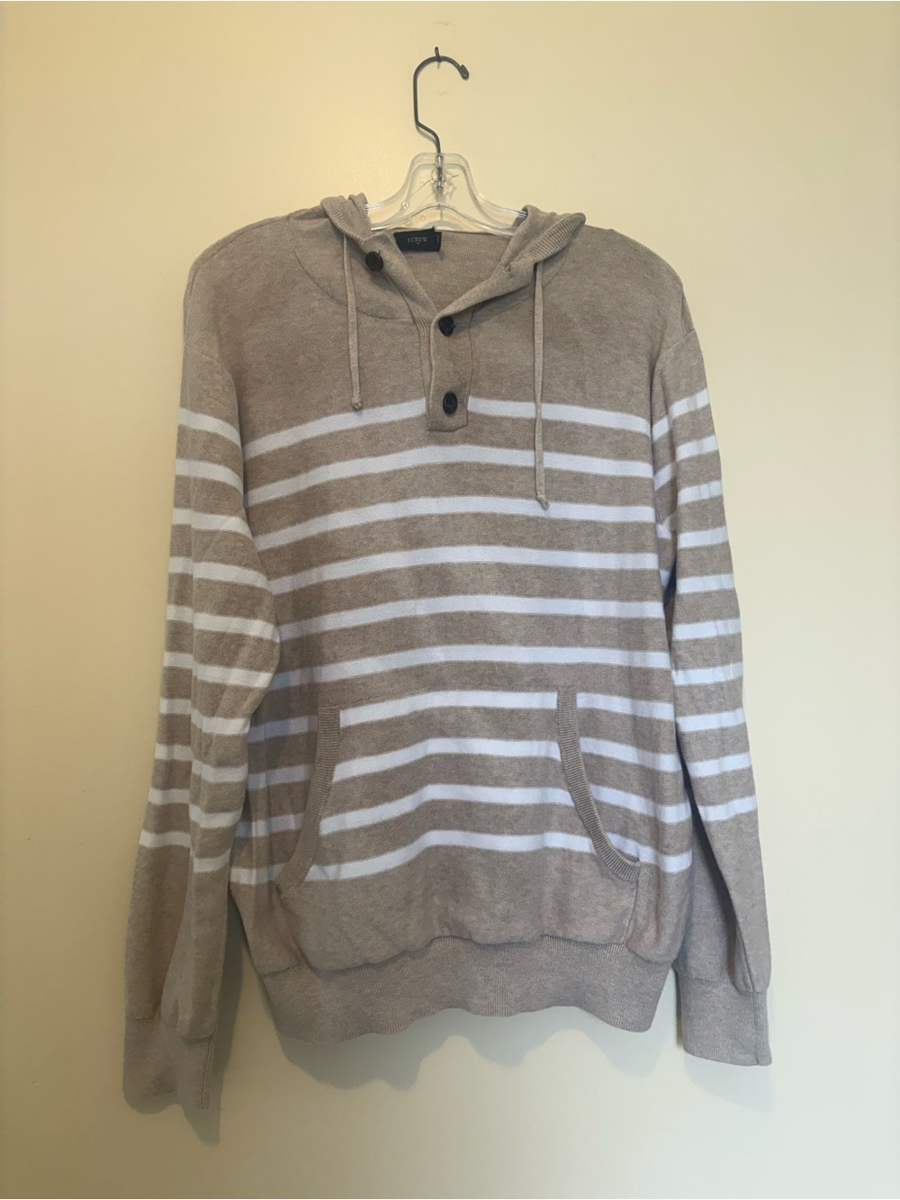 J Crew Men's Beige & White Striped Hooded Kangaroo pocket Sweater Size L